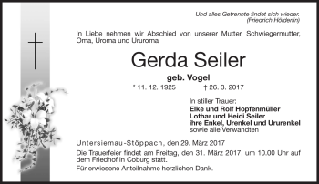 Traueranzeige von Gerda Seiler von Neue Presse Coburg