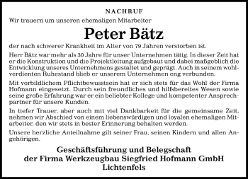 Traueranzeige von Peter Bätz von Neue Presse Coburg