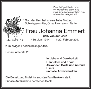 Traueranzeige von Johanna Emmert von Frankenpost