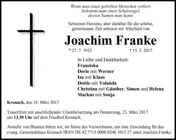 Traueranzeige von Joachim Franke von Neue Presse Coburg