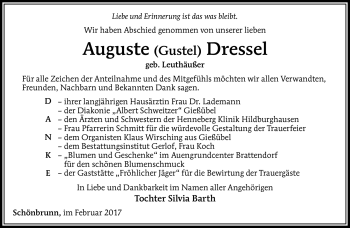 Traueranzeige von Auguste Dressel von Südthüringer Presse