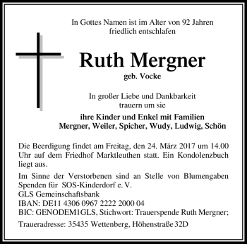 Traueranzeige von Ruth Mergner von Frankenpost