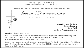 Traueranzeige von Erwin Zimmermann von Neue Presse Coburg