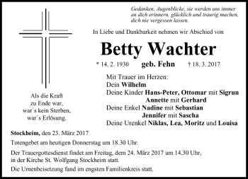 Traueranzeige von Betty Wachter von Neue Presse Coburg