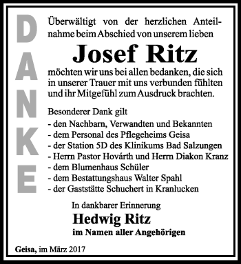 Traueranzeige von Josef Ritz von Südthüringer Presse
