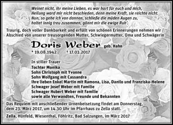 Traueranzeige von Doris Weber von Südthüringer Presse