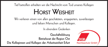 Traueranzeige von Horst Weisheit von Südthüringer Presse