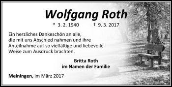 Traueranzeige von Wolfgang Roth von Südthüringer Presse