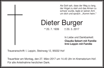 Traueranzeige von Dieter Burger von Frankenpost