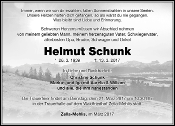 Traueranzeige von Helmut Schunk von Südthüringer Presse