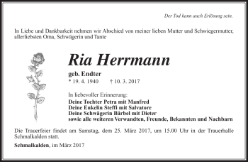 Traueranzeige von Ria Herrmann von Südthüringer Presse