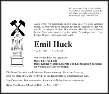 Traueranzeige von Emil Huck von Südthüringer Presse