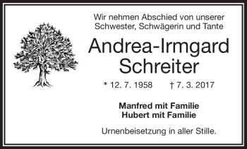 Traueranzeige von Andrea-Irmgard Schreiter von Frankenpost