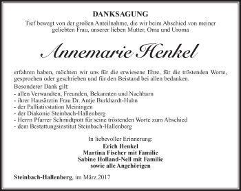 Traueranzeige von Annemarie Henkel von Südthüringer Presse