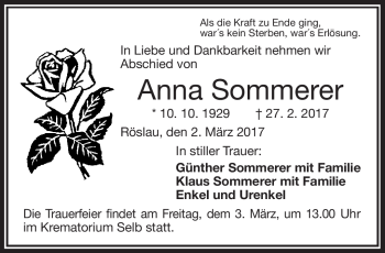 Traueranzeige von Anna Sommerer von Frankenpost