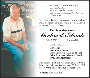 Traueranzeige von Gerhard Schunk von Südthüringer Presse