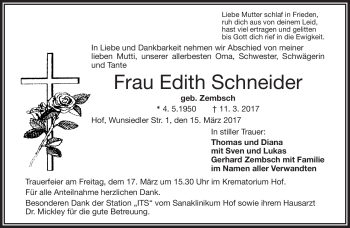Traueranzeige von Edtih Schneider von Frankenpost