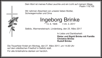 Traueranzeige von Ingeborg Brinke von Frankenpost
