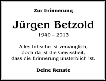 Traueranzeige von Jürgen Betzold von Südthüringer Presse