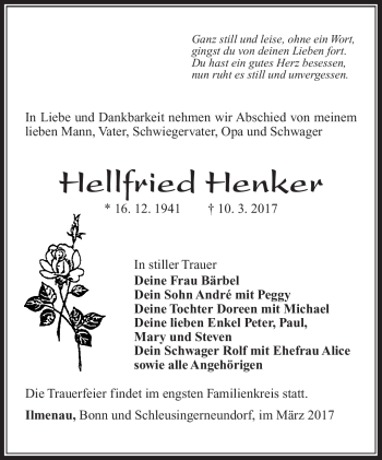 Traueranzeige von Hellfried Henker von Südthüringer Presse