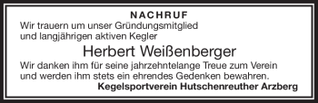 Traueranzeige von Herbert Weißenberger von Frankenpost