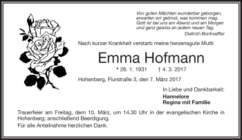 Traueranzeige von Emma Hofmann von Frankenpost