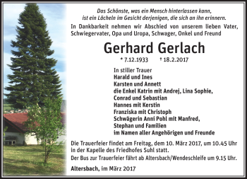 Traueranzeige von Gerhard Gerlach von Südthüringer Presse
