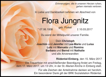 Traueranzeige von Flora Jungnitz von Neue Presse Coburg