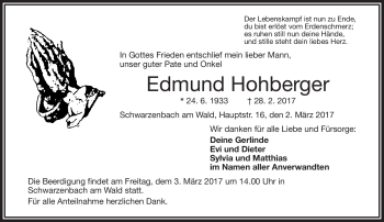 Traueranzeige von Edmund Hohberger von Frankenpost
