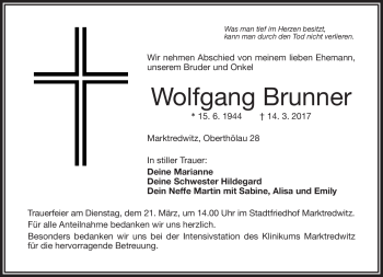 Traueranzeige von Wolfgang Brunner von Frankenpost