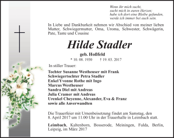 Traueranzeige von Hilde Stadler von Südthüringer Presse