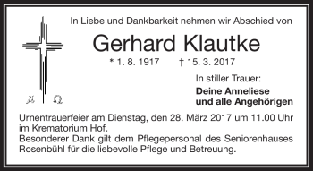 Traueranzeige von Gerhard Klautke von Frankenpost