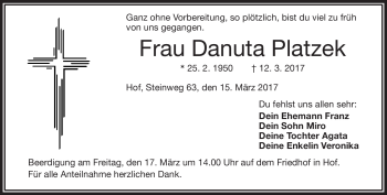 Traueranzeige von Danuta Platzek von Frankenpost