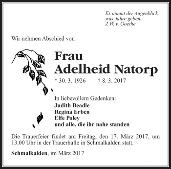 Traueranzeige von Adelheid Natorp von Südthüringer Presse