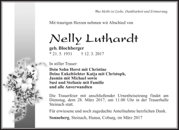 Traueranzeige von Nelly Luthardt von Südthüringer Presse