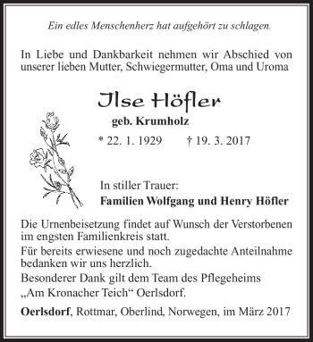 Traueranzeige von Ilse Höfler von Südthüringer Presse