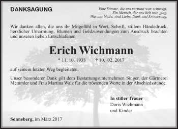 Traueranzeige von Erich Wichmann von Südthüringer Presse