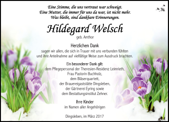 Traueranzeige von Hildegard Welsch von Südthüringer Presse