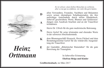Traueranzeige von Heinz Ortmann von Südthüringer Presse