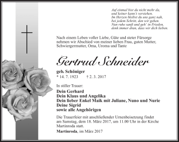 Traueranzeige von Gertrud Schneider von Südthüringer Presse