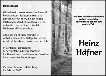 Traueranzeige von Heinz Häfner von Südthüringer Presse