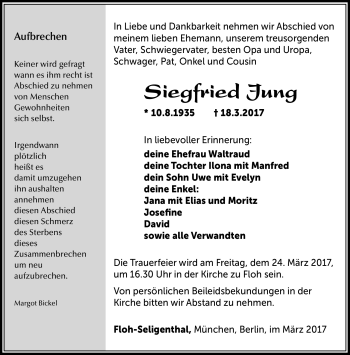 Traueranzeige von Siegfried Jung von Südthüringer Presse