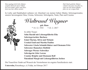 Traueranzeige von Waltraud Wagner von Südthüringer Presse