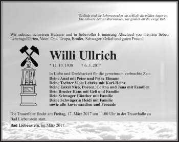 Traueranzeige von Willi Ullrich von Südthüringer Presse