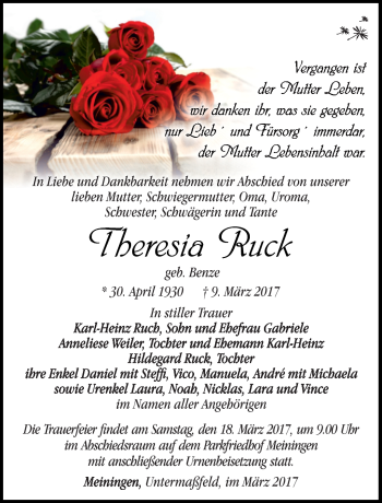 Traueranzeige von Theresia Ruck von Südthüringer Presse