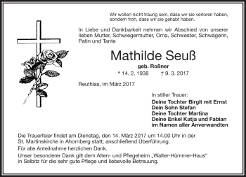 Traueranzeige von Mathilde Seuß von Frankenpost