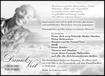 Traueranzeige von Daniel Veit von Südthüringer Presse