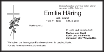 Traueranzeige von Emilie Häring von Frankenpost