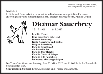 Traueranzeige von Dietmar Sauerbrey von Südthüringer Presse