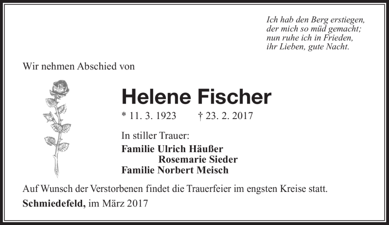  Traueranzeige für Helene Fischer vom 08.03.2017 aus Südthüringer Presse